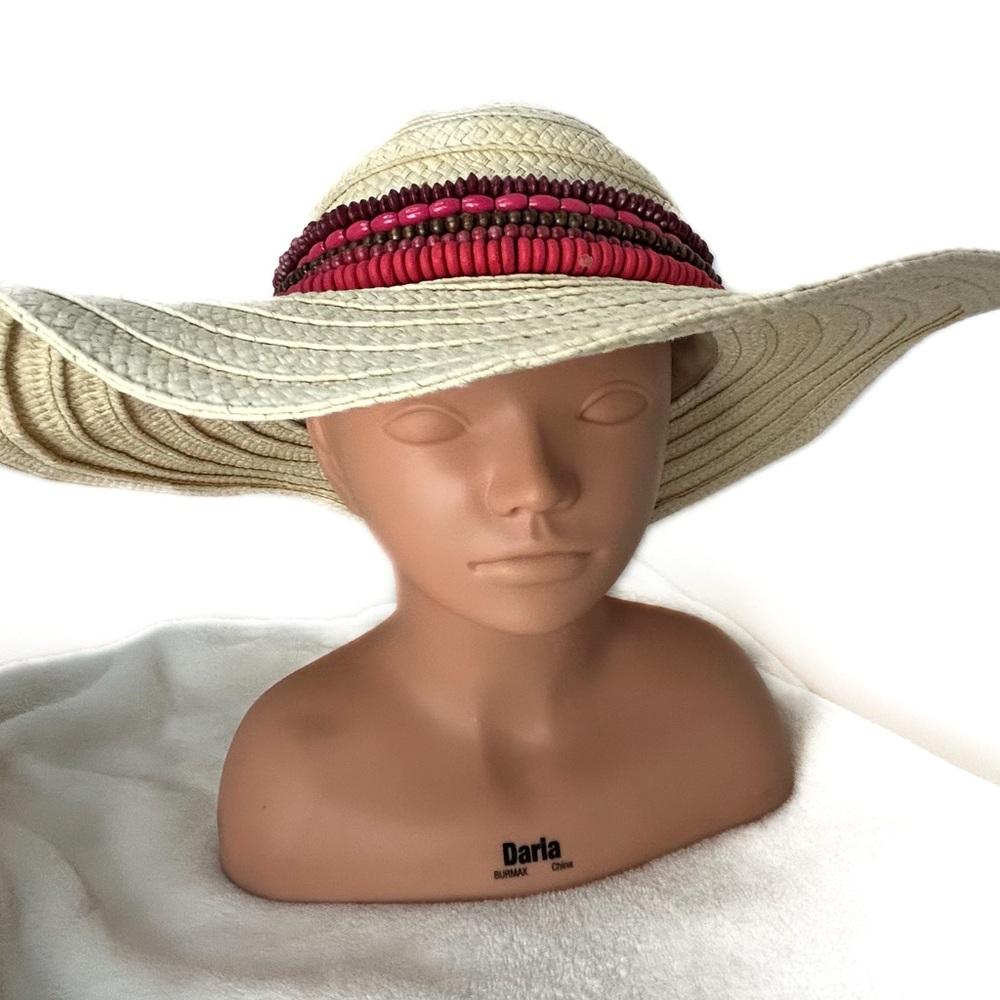 Kate Landry Straw Floppy Hat Beige with‎ Beads Headband OS